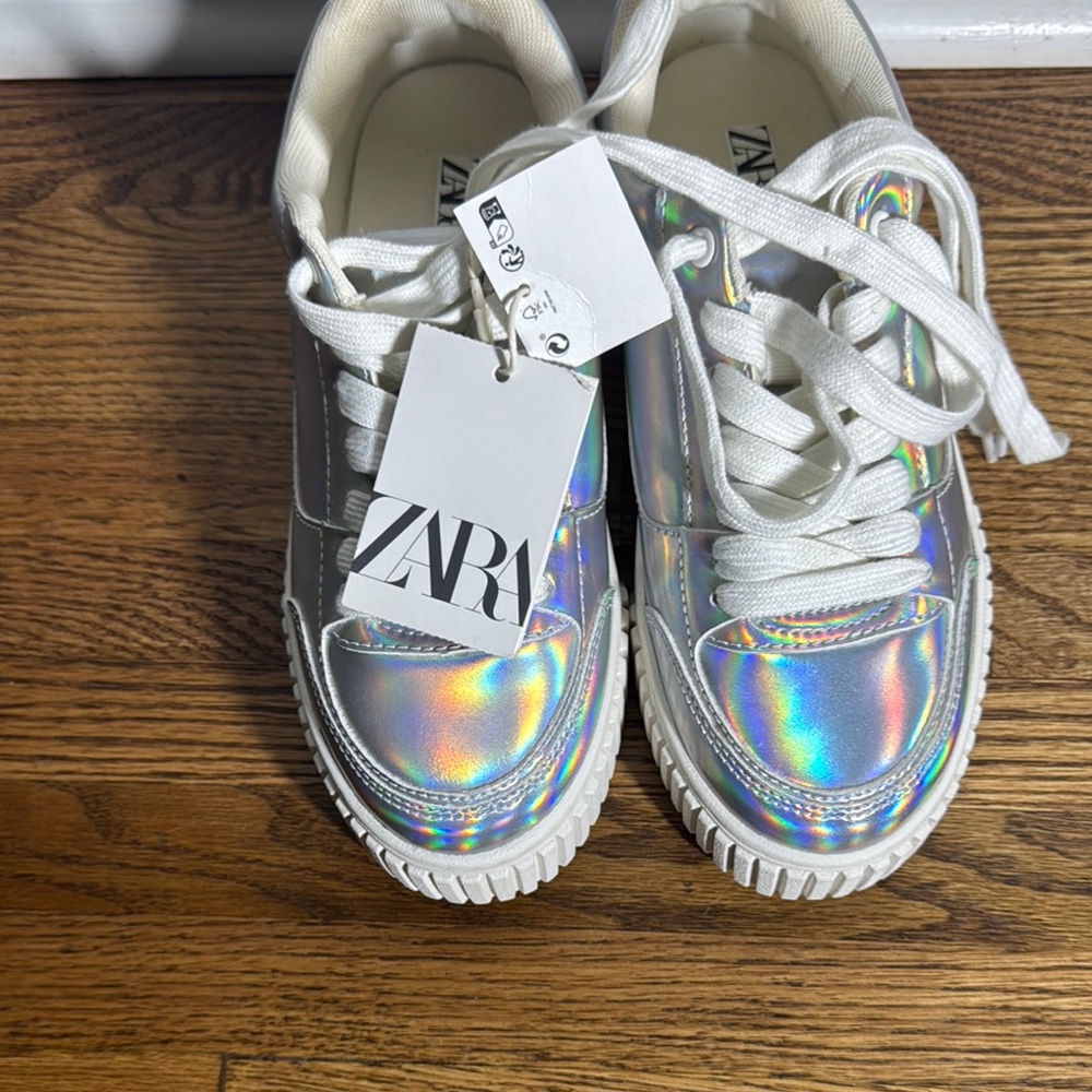 Zara Silver and White Sneakers with Holographic Finish